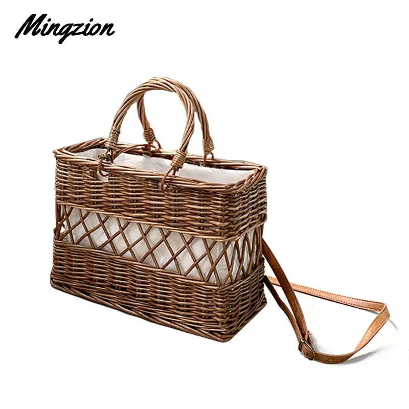 

Mingzion ladies bamboo straw bag Hand-woven rattan bag round beach summer Bali Bohemian woven shoulder bag embroidery 2019