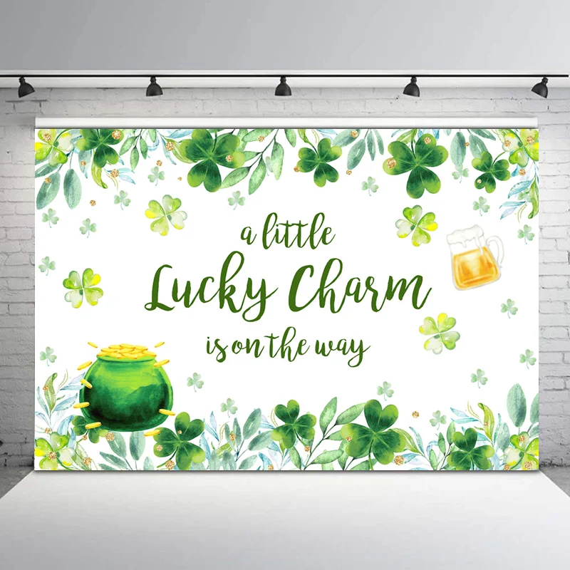 

Lucky Charm Baby Shower Backdrop Green Clover Gold Coin Beer Photography Background Baby Shower Decoration Photography Backdrops