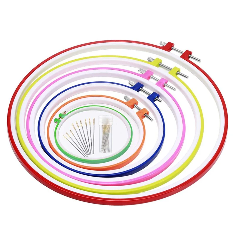 

LMDZ 6 Pcs Embroidery Hoops Plastic Cross Stitch Hoop Set Embroidery Frame Circle Cross Stitch Hoop with Cross Stitch Needles
