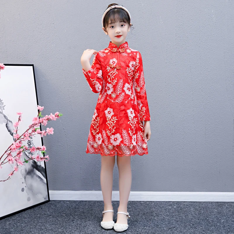 

Floral Girl Dress Cheongsam Christmas Gift Chinese Kids Lace Dresses Hanfu Clothing Wedding Princess Christmas Qipao New Arrival