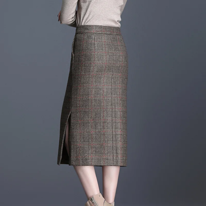 Женская теплая шерстяная юбка с высокой талией, повседневная, с карманами, для офиса, для девушек, элегантная, в клетку, с разрезом сбоку, миди юбка-карандаш, Осень-зима размера плюс