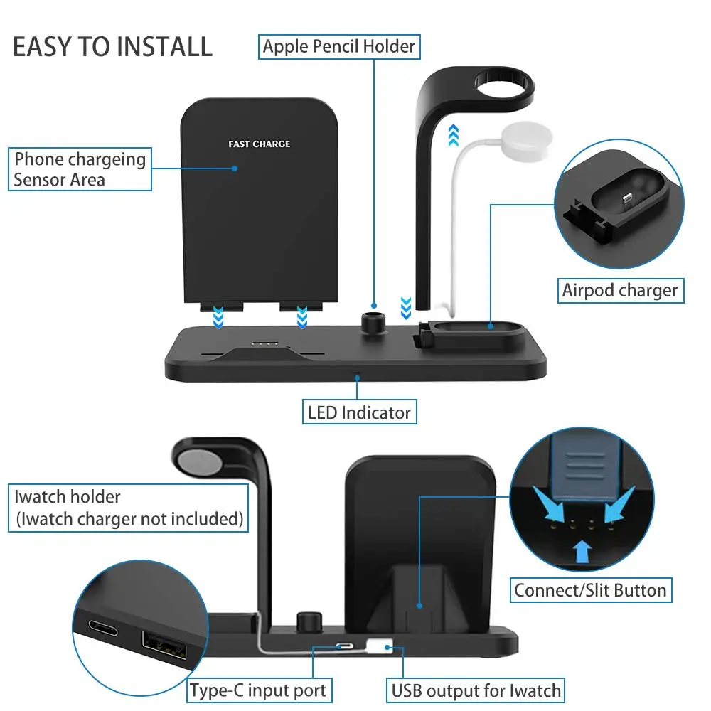 3-in-1 Wireless Charger Qi Holder Stand Station Dock for Apple Watch 4 3 2 Iphone 11 Pro Max XS MAX XR Airpods Samsung S10+ S9