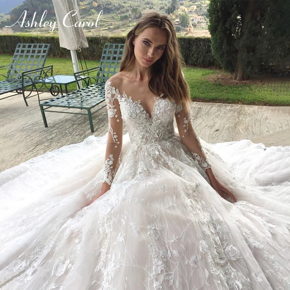 Ashley Carol Wedding Dress Romantic Sweethear Long Sleeve Princess Bride Beaded Lace Appliques Cathedral Vestidos De Novia