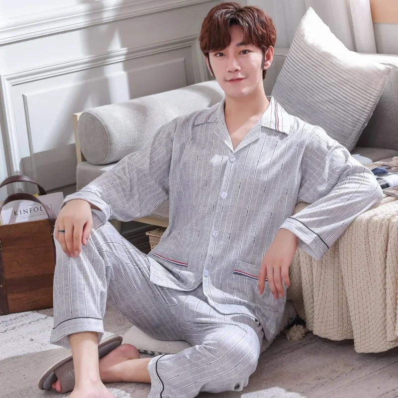 

Men Pajamas Long Sleeve Pure Cotton Spring And Autumn Cardigan Plaid Casual Tracksuit Men's Autumn Set 5657