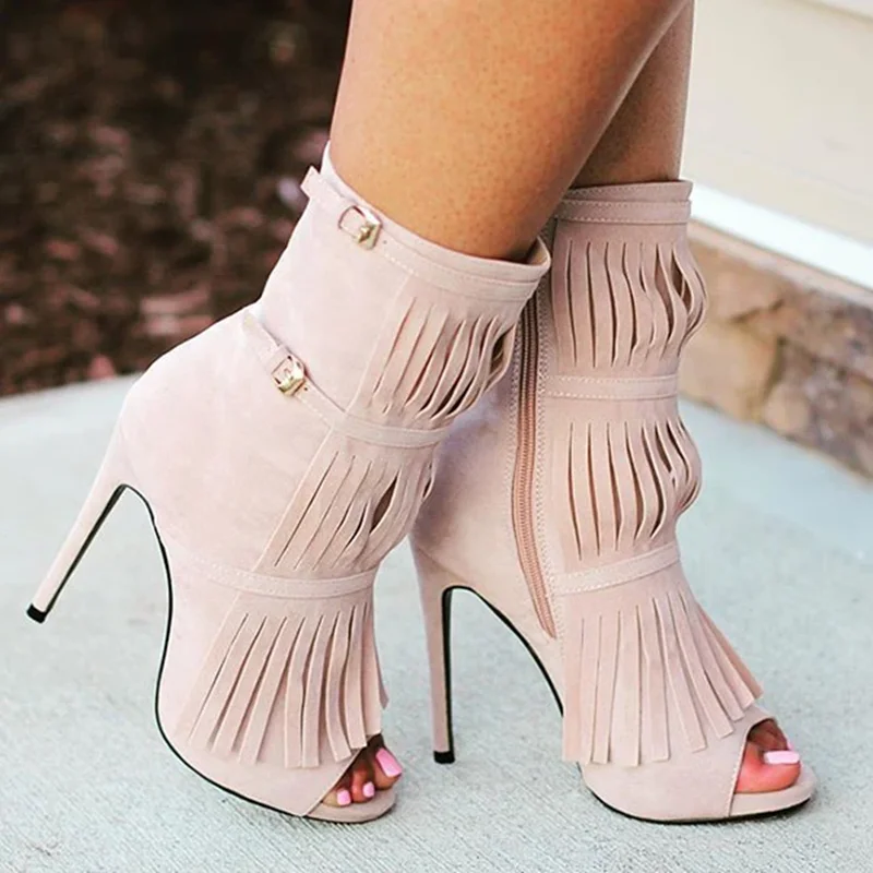 Fashion Designed Fringe Peep Toe Buckle Strap Ornament Women Ankle