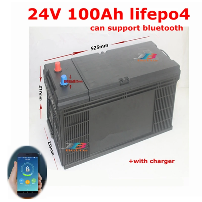 Водонепроницаемый 24V 100AH lifepo4 Батарея с bluetooth BMS для 2400W автодома Солнечная энергия