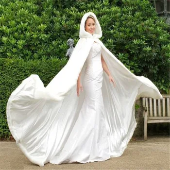 

Long Faux Fur Trim Satin White,Ivory Bridal Hooded Cloak Wedding Cape Winter Wedding Dress Shawl Jacket S,M,L,XL.2XL,3XL,4XL,5X