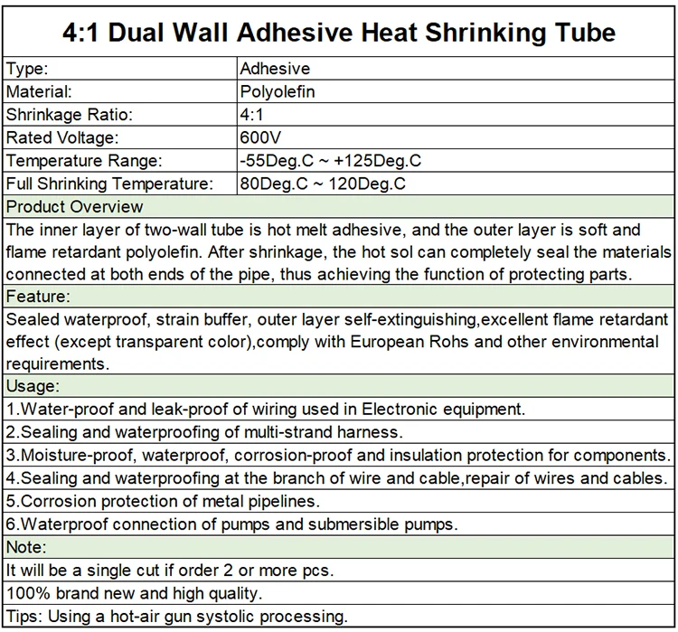 Description Picture 3 of item1M ID 4 6 8 12 16 20 24 32 40 52 mm Heat Shrink Tube with Glue Adhesive Lined 4:1 Dual Wall Tubing Sleeve Wrap Wire Cable kit