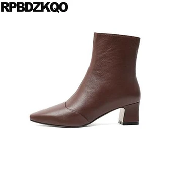 

block chunky square toe high quality side zip boots thick genuine leather ankle heel winter autumn women fur 2019 short shoes