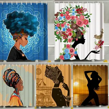 

Shower Curtain Afro African Black Girls Bathroom Shower Curtains Decoration Waterproof Bath Curtain Door Screens Hanging + Hooks