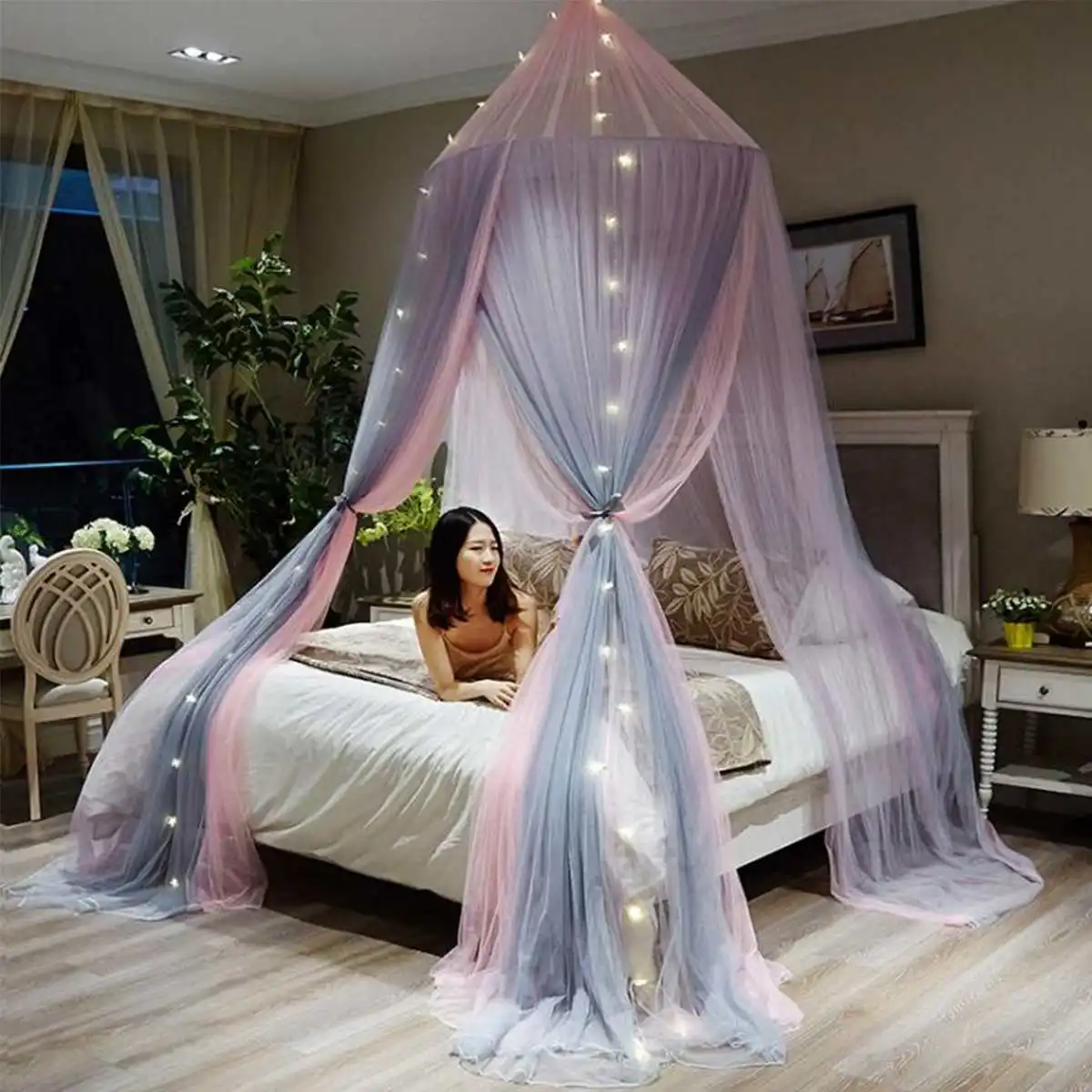 Lace LED Light Princess Dome Mosquito Net Mesh Bed Canopy Bedroom Home Decor., 