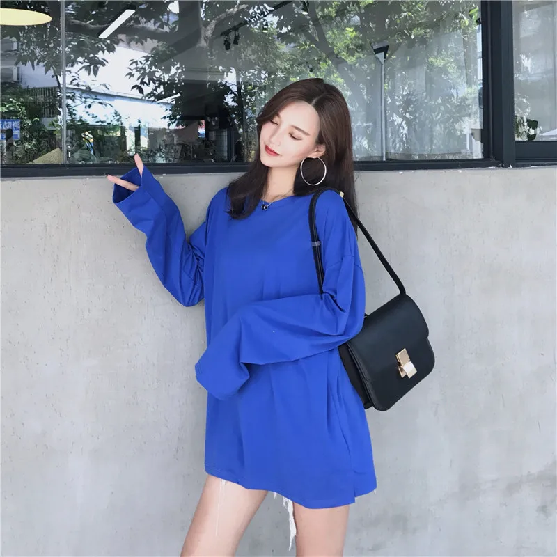 

2019 Autumn New Arrival Fashion Korean Style Solid Color 10 Colors T Shirt O- Neck Long Sleeve Loose T-Shirt Free Shipping