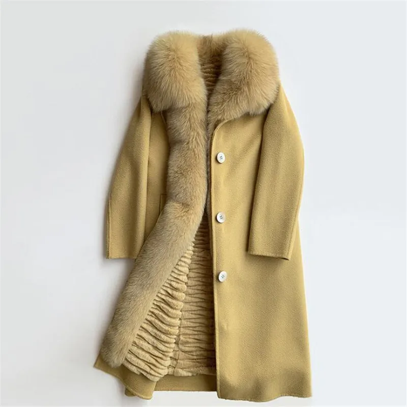 

Large Fox Fur Collar Double Sided Cashmere Coats Ladies Thick Warm Rex Rabbit Fur Liner Long Woolen Coat