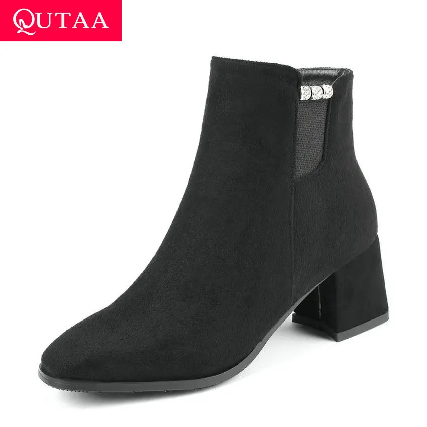 

QUTAA 2020 Metal Decoration Scrub Zipper Autumn Winter Ankle Boots Square High Heel Round Toe Concise Women Shoes Big Size 34-43