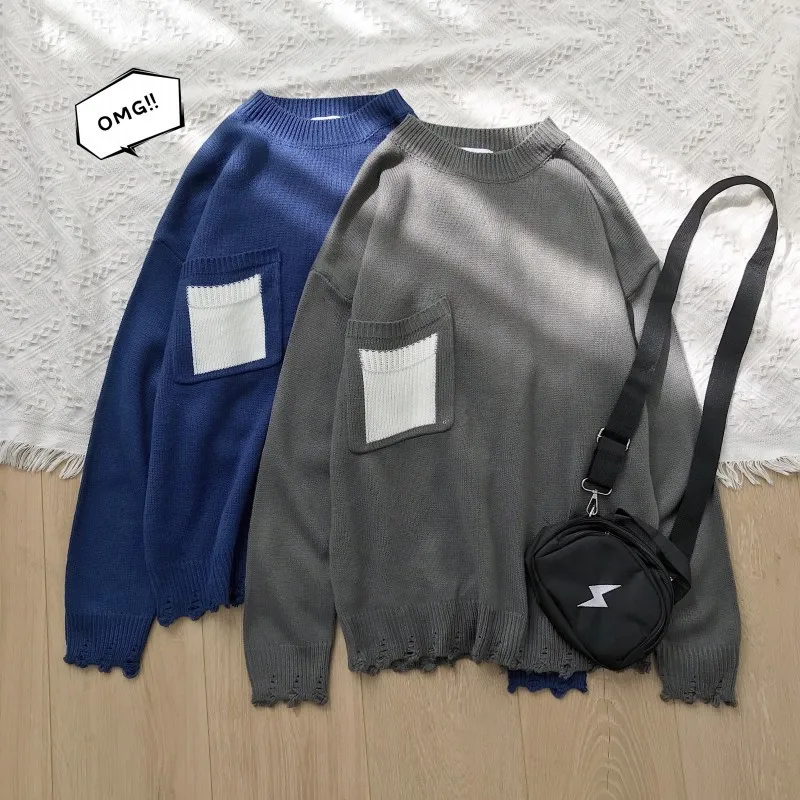 Autumn New Sweater Men Fashion Solid Color Casual Pocket Knit Sweater Man Loose Long-sleeved Pullover Men Sweter Clothes M-2XL