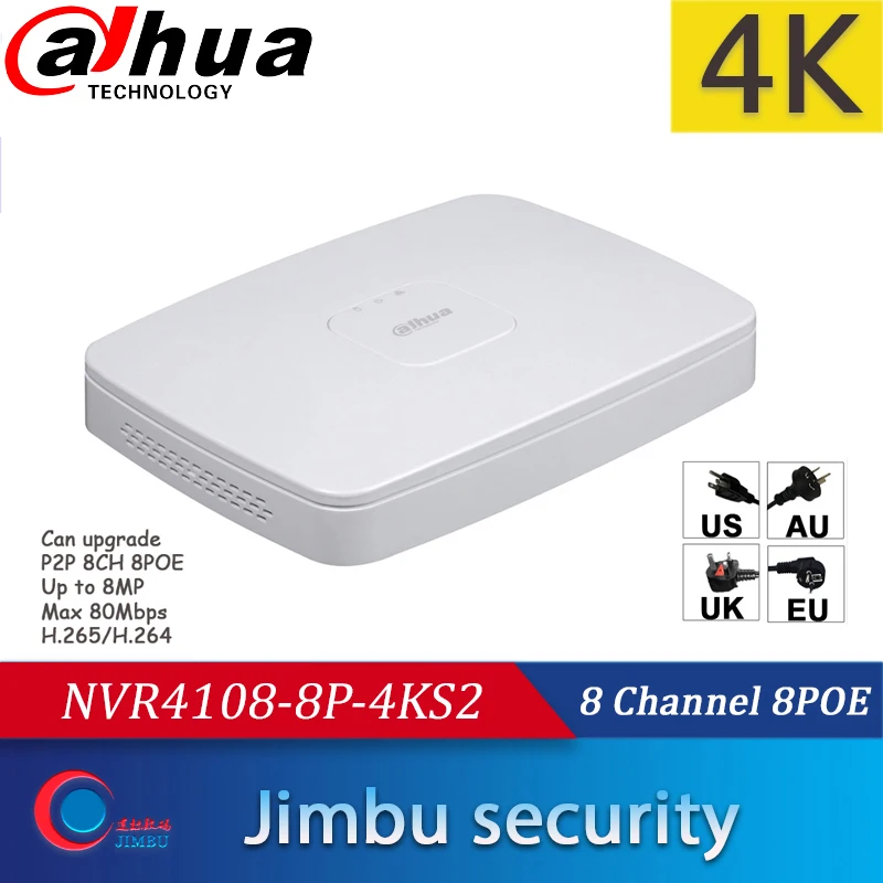 Dahua NVR network DVR NVR4108-8P-4KS2 Video Recorder 8CH Smart 1U 8PoE port 4K&H.265 Up to 8MP Resolution Max 80Mbps Dahua NVR network DVR NVR4108-8P-4KS2 Video Recorder 8CH Smart 1U 8PoE port 4K&H.265 Up to 8MP Resolution Max 80Mbps