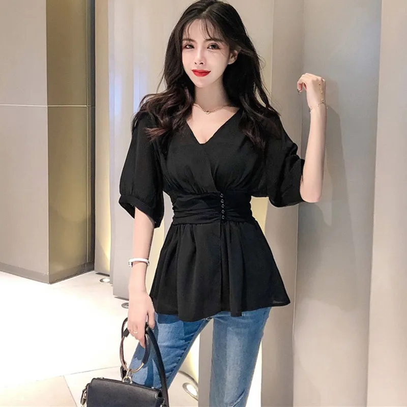 black chiffon blouse short sleeve