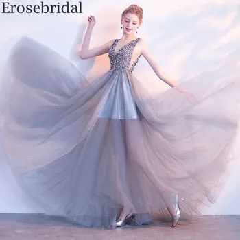 

Erosebridal Beaded Long Evening Dress 2020 New Illusion Body V Neck Elegant Long Formal Dress V Back Sleeveless Party Gown