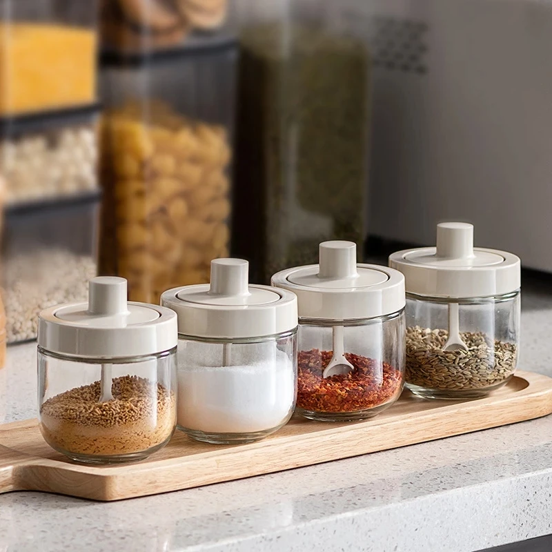 LAIPART spice jar with spoon，Spoon Lid Integrated Retractable  Seasoning Jar，glass spice jars，Small Spoons for Spice Jars Moisture-Proof  Seasoning Containers Glass (off-white): Condiment Pots