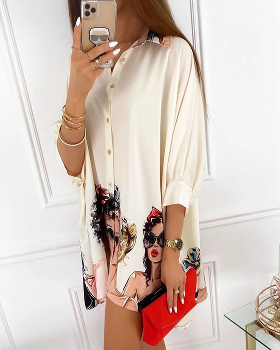 Elegant Woman Autumn Blouses Shirts Office Lady Blouses Tops Button V Neck Long Sleeve Plus Size 2XL Cartoon Print Casual Tops