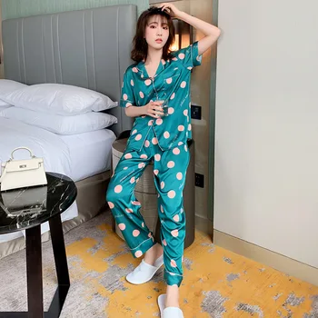 

2020 New cool Silk women pajama set Female Short-sleeved Dot Print Cute Home Wear Spring Summer pidzama damska 2 Piece Suit