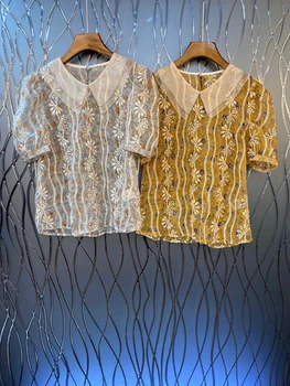 

2020 Early Spring New Women's Wing-Collared Lace ci xiu hua Decoration Short Sleeve Wild t Shirt 407