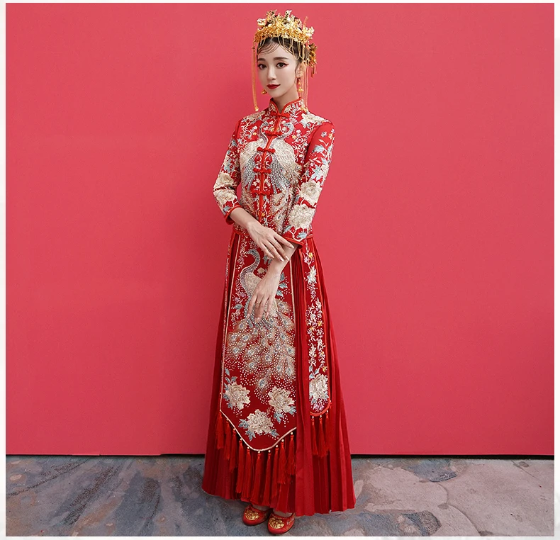 1 компл./лот в китайском стиле для женщин Мода Красный вышивка павлин cheongsam леди мода emroidery кисточкой cheongsam топ и юбка