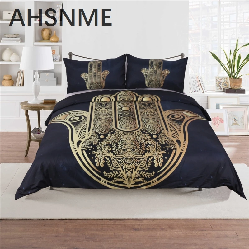 

Новый роскошный дизайнерский комплект постельного белья AHSNME с бронзовой ладонью Будды, Комплект постельного белья из 3 предметов, Соединенные Штаты, двуспальная кровать, королева, не выцветает, не скатывается
