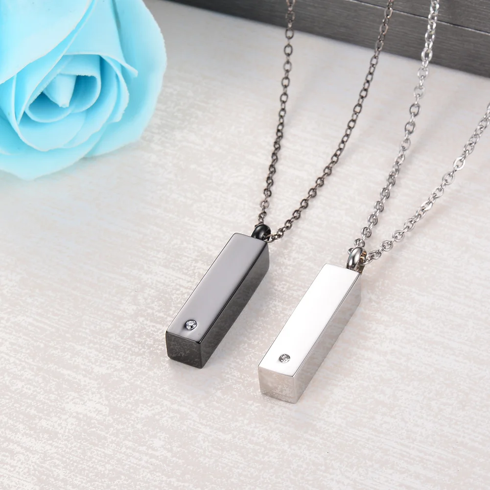 Custom Stainless Steel Vertical Cubic Bar Container Urn Memorial Pendant Necklace Ash Keepsake Cremation Jewelry Hypoallergenic 2