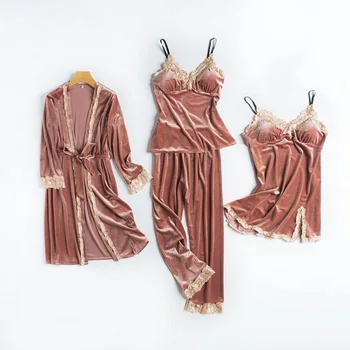 

Pink Young Lady Velour Pajamas Suit 3PCS Sleepwear Lounge Sexy V-neck Pijamas Nightgown Casual Softy Intimate Lingerie Negligee
