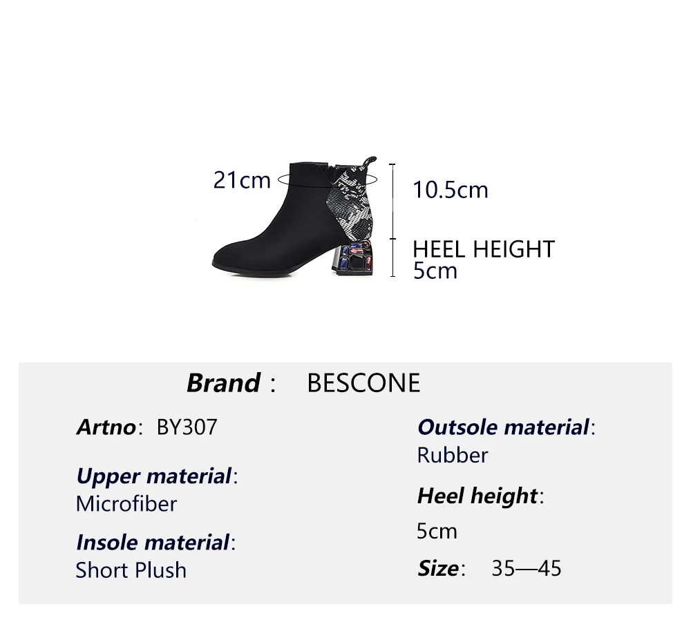 BESCONE Stylish Women Mid-Calf Boots Winter Handmade Snake Pattern Zip Square Heel Shoes Microfiber Round Toe Lady Boots BM307