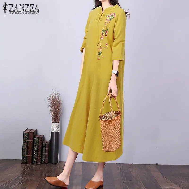 Модный женский сарафан с вышивкой, ZANZEA, Цветочное платье макси, 3/4 рукав, Vestidos, Женский хлопковый Повседневный халат на пуговицах, большие размеры 5XL