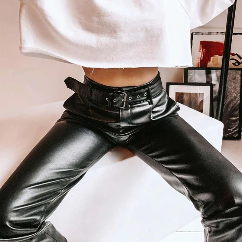 WannaThis Black Faux Leather Straight Pants With Belt Elegant Casual Women Autumn High Waist Streetwear Ladies Vintage Trousers