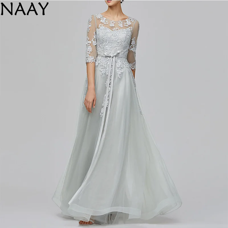 

NAAY Elegant A-Line Long Applique Prom Dresses With Sleeves 2020 Plus Size Formal Evening Gown Party Night Robe De Soiree