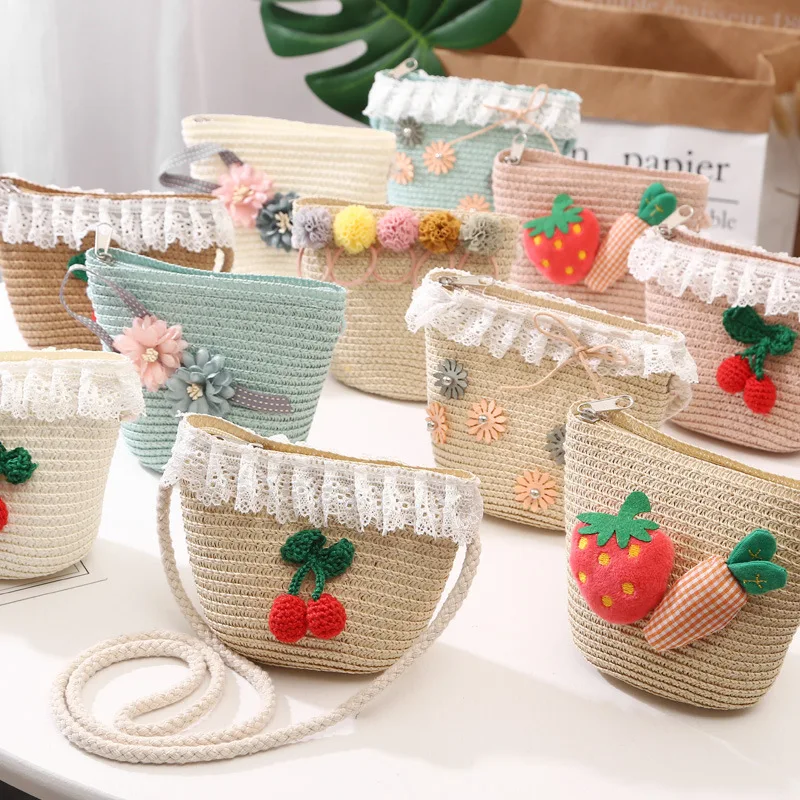 

Kids Girls Handbag Big Collection Brim Straw Woven Sun Protection Beach Hat Floral Pompom Ball Summer Floppy Bucket Cap Portable