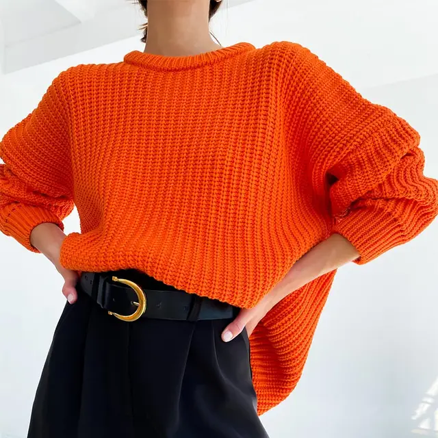 Women Solid Knitted Thickening Oversized Sweater Female Round Neck Long Sleeve Casual Loose Pullovers Top 2021 Autumn Winter Orange