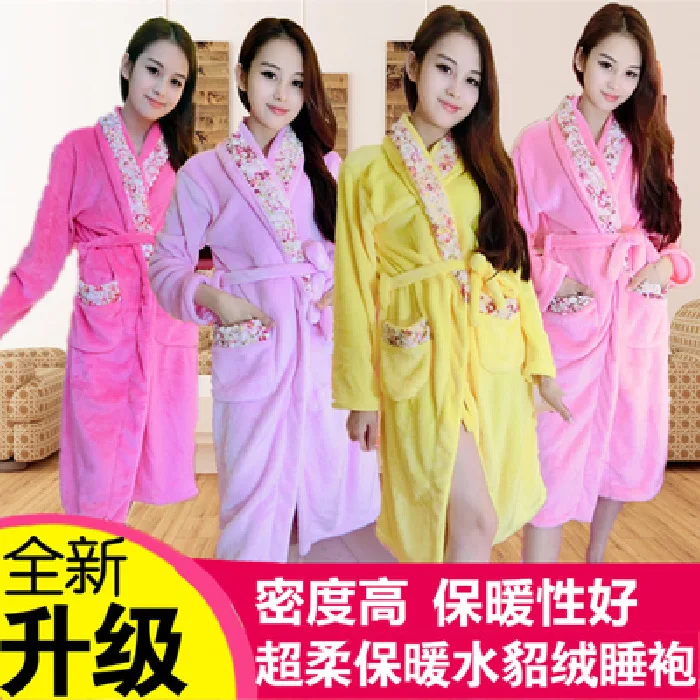 

2019 Winter Flannel Nightgown Pajamas Mid-length Thick Fold-down Collar Rose Lace Solid Color One-Piece Robe 5 Color