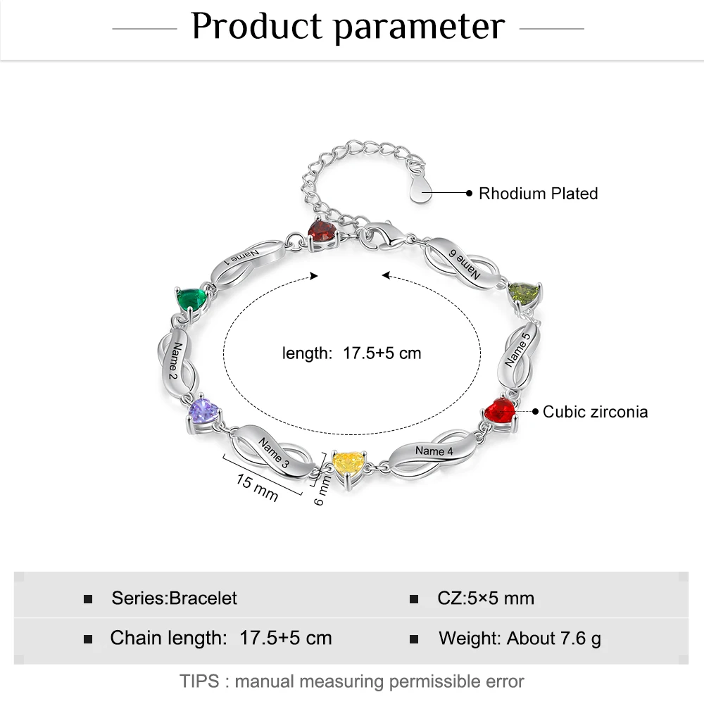 Personalized Infinity Bracelet with 1-6 Inlaid Heart Birthstone Custom Family Name Engraved Bracelets for Women Valentines Gift
