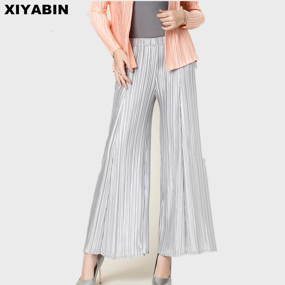 

Autumn women's wear 2019 New pattern trousers Issey fold Pendulum Easy Tight waist Vertical sense Women's wide-legged trousers
