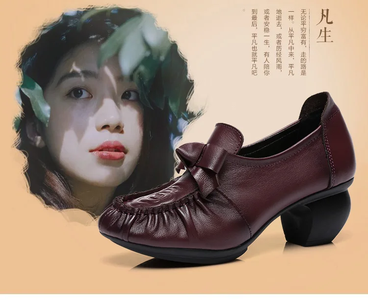 Tacones mujer; обувь на блочном каблуке; женские черные туфли-лодочки из натуральной кожи; женские туфли-лодочки в стиле ретро с узлом-бабочкой; sapato feminino; TSDFC