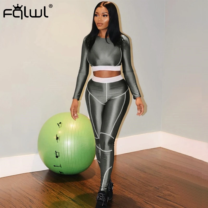 

FQLWL Two Piece Set Women Sport Suit Long Sleeve Crop Top and Skinny Pants Female Outfits Ladies Tracksuit Autumn Matching Sets