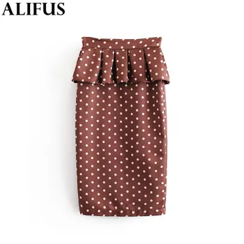 

Fashion Za Women Midi Skirt 2019 Elegant Polka Dot Ruffles Office Wear Skirts Back Zipper Stylish High Waist Female Ladies