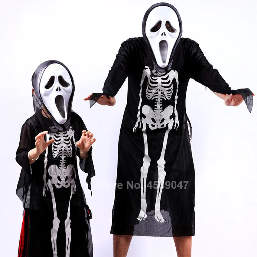 Для взрослых детей страшный Скелет на Хэллоуин костюмы для косплея Прозрачное платье 3D череп печати маскарад призрак зомби мужчин