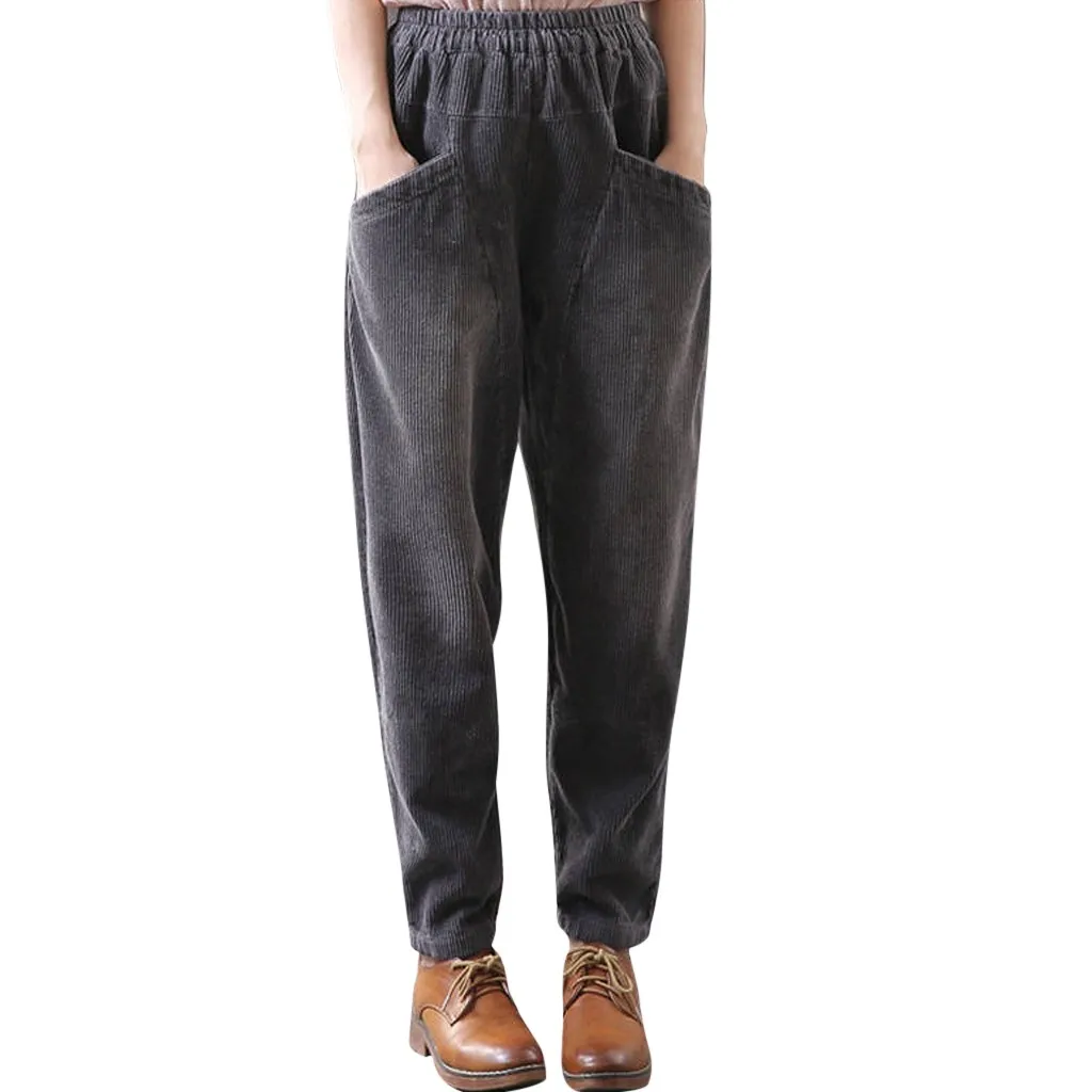 Женские зимние брюки, вельветовые брюки с карманами для отдыха, брюки с высокой талией, свободные длинные брюки, женские брюки, женские брюки# BY20 - Цвет: Gray
