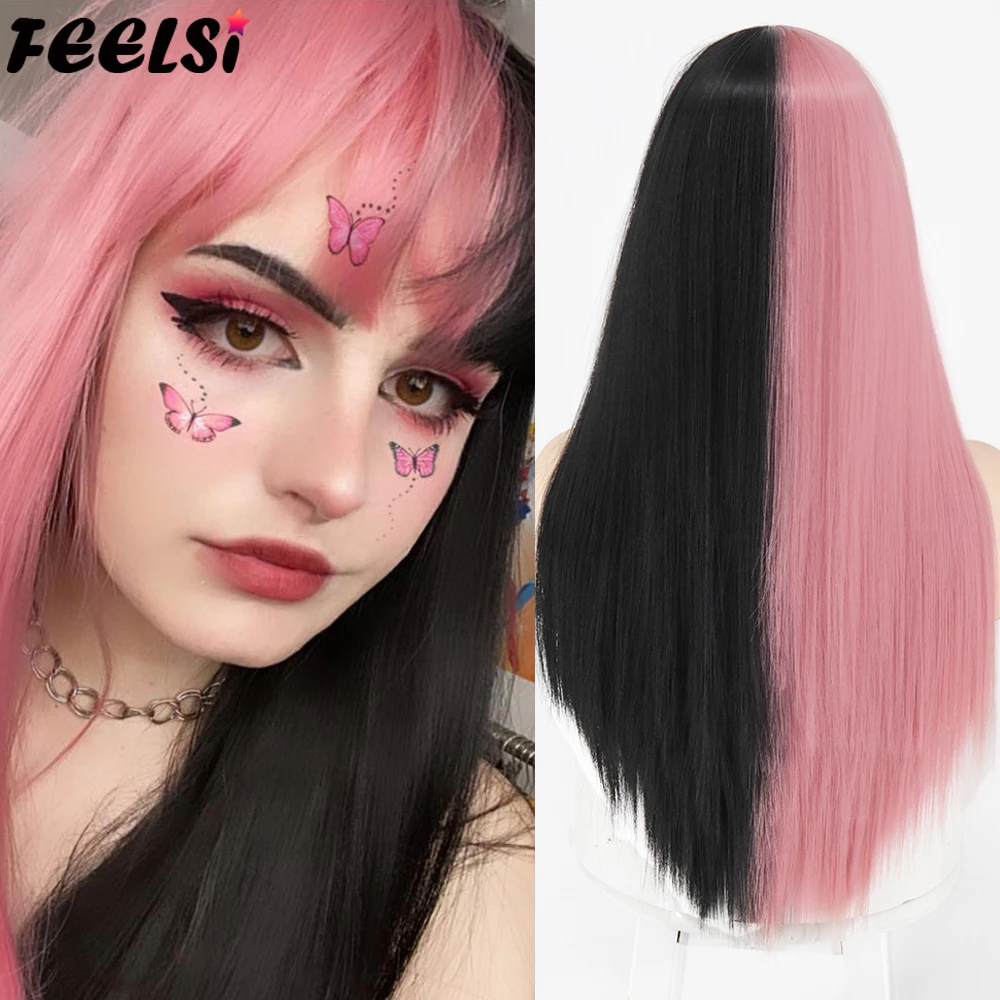 Feelsi Half Black Half Pink Synthetic Wigs With Bangs For Women Blue Red Black Blonde Purple Halloween Cosplay Lolita Wig Synthetic Wigs For Black Aliexpress