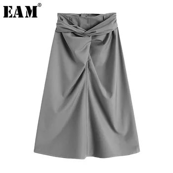 

[EAM] High Waist Gray Knot Pleated Split Joint Long Elegant Half-body Skirt Women Fashion Tide New Spring Autumn 2020 1W272