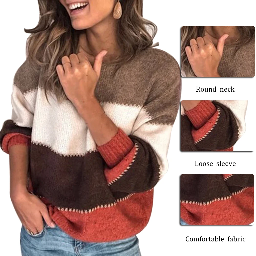 LOOZYKIT 3XL осень зима теплый вязаный свитер женский сексуальный топ с круглым вырезом пэчворк джемпер Повседневный свитер с длинным рукавом пуловер
