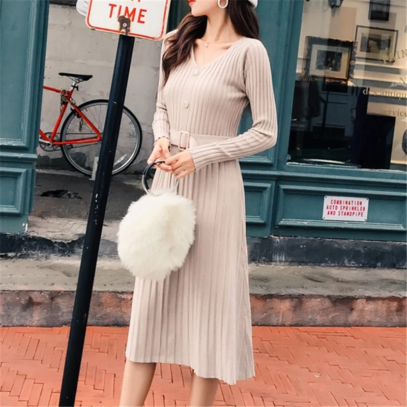

Sweater Dress Women Korean Woman Sweaters Dresses Vestidos De Fiesta Woman High Waist V Neck Wool Knitted Dress Cardigan Dresses