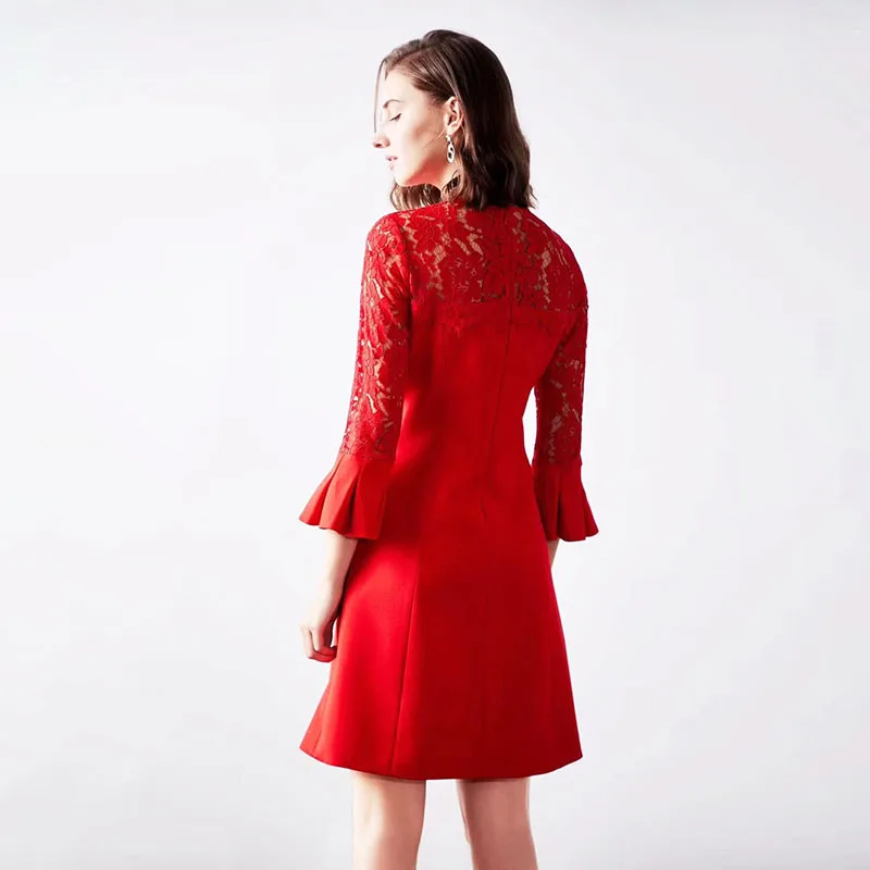 Элегантное кружевное платье в стиле пэчворк для женщин и девочек, новинка, зимнее платье трапециевидной формы с расклешенными рукавами размера плюс XXL, платья розового и красного цвета