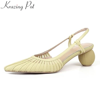 

Krazing pot Korean street style pointed toe strange med heel hollow elastic band beauty lady party vacation sandals women L15